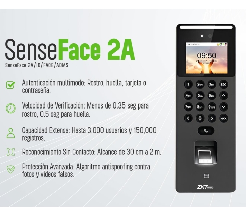 Máy chấm công ZK Teco SenseFace 2A (vân tay, khuôn mặt, thẻ từ)